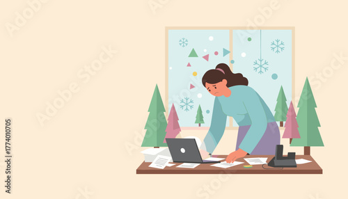 Stressed woman working overtime at her desk during the winter holidays Deadline pressure
