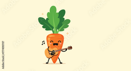 A cheerful and adorable cartoon carrot with bright green leaves happily plays an acoustic guitar, creating a fun, whimsical, and healthy musical concept.