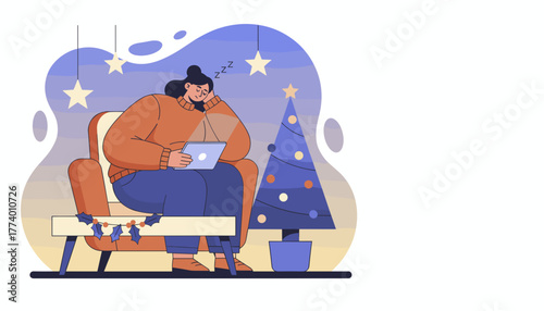 Woman sleeps working remotely on laptop near Christmas tree Stress and holiday burnout concept