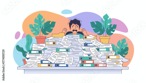 Overwhelmed employee buried under huge piles of paperwork representing burnout stress and administration