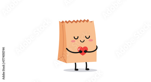 An adorable cartoon brown paper bag character, smiling with closed eyes and rosy cheeks, gently holds a vibrant red heart, symbolizing love and warmth on a white background.