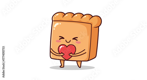 A cute animated character, resembling a square loaf of bread, smiles cheerfully while holding a vibrant red heart, symbolizing love and warmth.