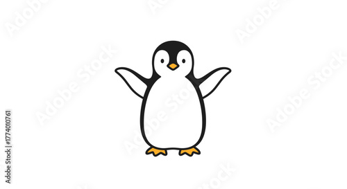 A charming, simple cartoon illustration of a friendly little penguin, featuring black and white feathers, an orange beak, and webbed feet, standing cheerfully on a clean white background.
