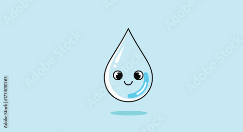 A cheerful and friendly cartoon water drop with a sweet smile and big round eyes floats happily against a bright, refreshing light blue background, symbolizing purity and hydration.