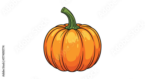 A vibrant orange cartoon pumpkin with a green stem, meticulously illustrated with clean lines and subtle shading, sits centrally on a crisp white background, perfect for autumn and holiday themes.