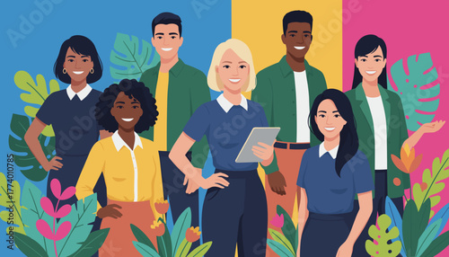 Diverse team of smiling professionals in a vibrant natureinspired setting Unity and collaboration