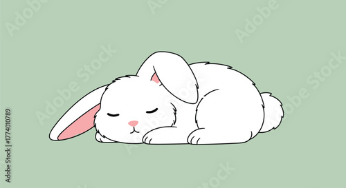 A charming illustration features a white cartoon rabbit with one floppy ear peacefully sleeping and curled up on a soft, light green background.