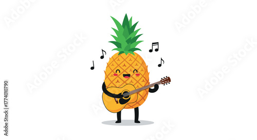 A cheerful, animated pineapple character enthusiastically plays an acoustic guitar, surrounded by floating musical notes, bringing a joyful, tropical, and rhythmic vibe.