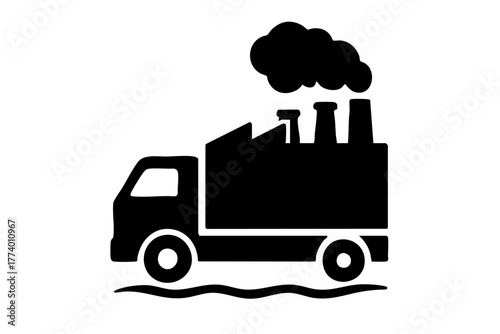 Industrial truck and factory chimney silhouette