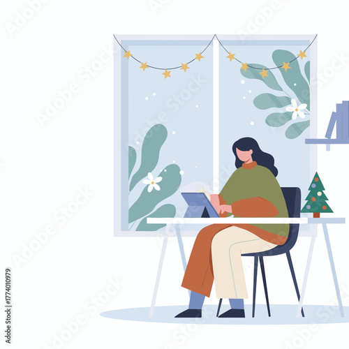 Cozy woman works remotely on tablet near window decorated for Christmas