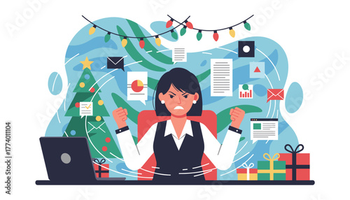 Angry businesswoman overwhelmed by work stress deadlines and holiday season burnout