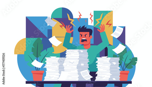 Angry worker buried in paperwork Job stress burnout and extreme workload illustration