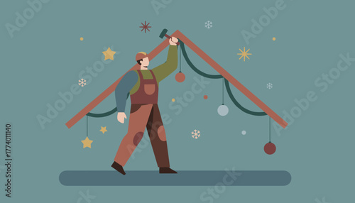 Handyman fixing house structure decorated for winter holidays