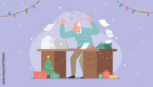 Holiday work stress Senior man overwhelmed by paperwork and yearend deadlines in the festive office