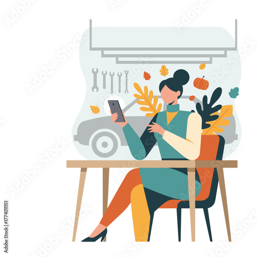 Auto service booking Woman using smartphone in a garage decorated for fall
