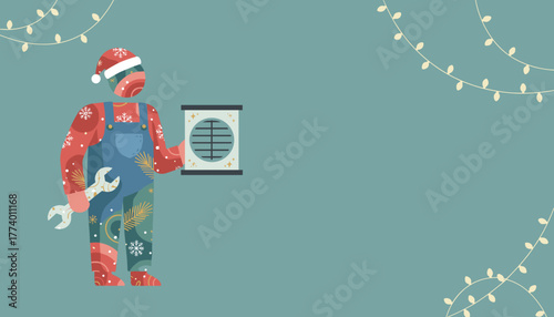Holiday service technician illustration with festive patterns wrench and HVAC filter