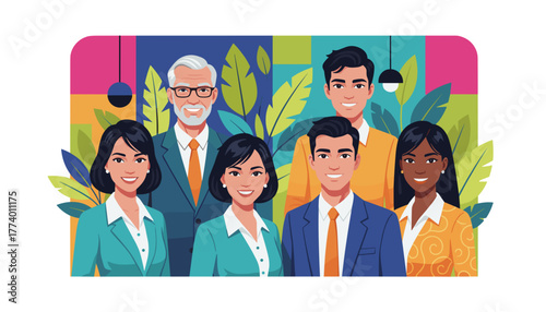 Smiling diverse business professionals Corporate team successful partnership and inclusion concept illustration