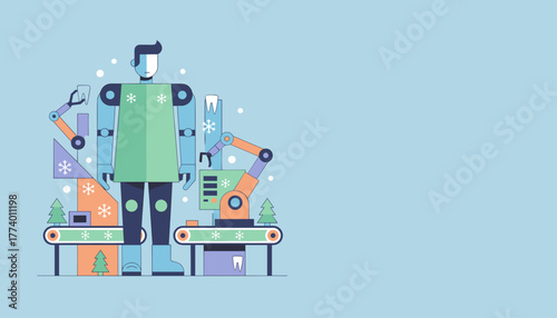 AI worker and robot arms on an automated production line crafting goods in a futuristic winter factory