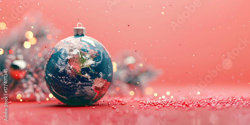 Global holiday spirit with earth ornament closeup