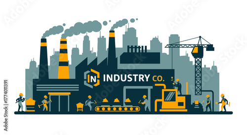 Industrial factory and production process vector illustration with workers city skyline and heavy machinery