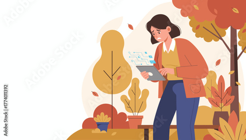 Anxious woman outdoors using a tablet with data problems in an autumnal setting Digital stress concept