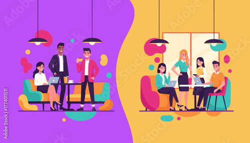 Diverse teams networking and working remotely in vibrant cafe settings