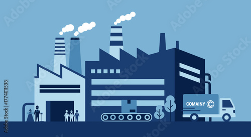 Manufacturing factory illustration with workers production line smokestacks and delivery truck
