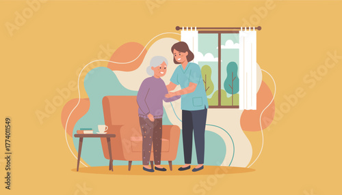 Nurse assisting happy senior woman indoors Home healthcare and elder care service concept