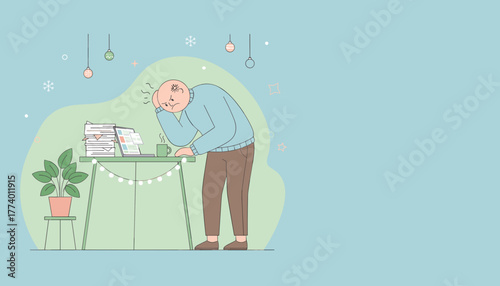 Stressed worker overwhelmed by holiday deadlines and excessive paperwork at home office desk