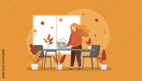 Remote work setup Woman using laptop in an autumnal interior setting Fall concept