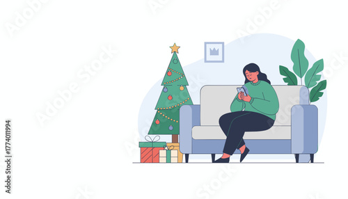 Sad woman checking phone alone on Christmas day near a decorated tree