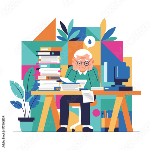 Stressed elderly worker overwhelmed by paperwork workload bureaucracy and burnout concept