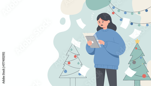 Stressed woman using tablet overwhelmed by documents and finances during the Christmas season