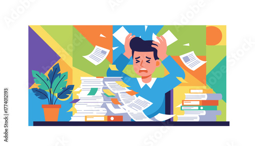 Businessman stressed by mountains of paperwork deadlines and office chaos