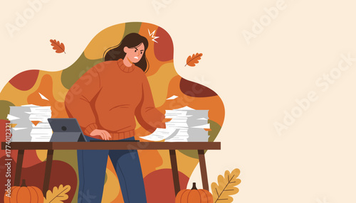 Stressed woman overloaded with paperwork and autumn deadlines at work
