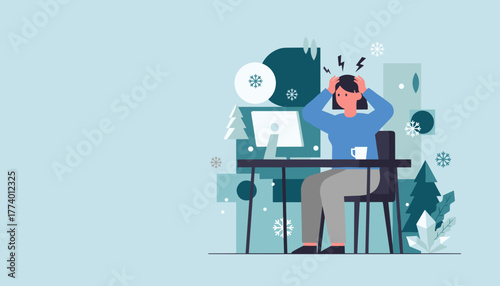 Woman suffers stress and headache while working remotely during winter season