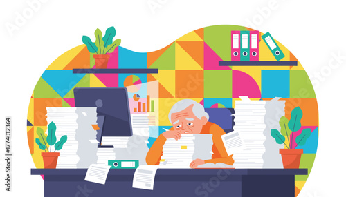 Exhausted senior man buried in piles of paperwork and deadlines at his colorful office desk