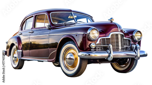 Vintage maroon car isolated on transparent background, a classic automobile with chrome accents