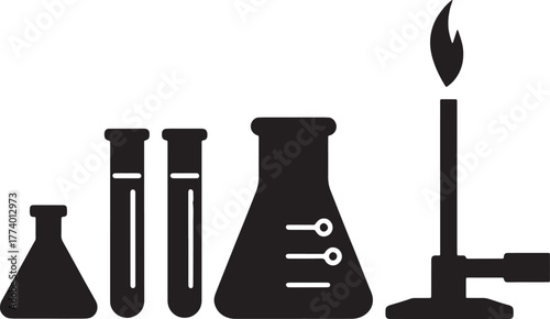 Stock image of a chemistry laboratory icon featuring glassware, including a flask, beaker, and test tube, with colorful liquid for a scientific experiment