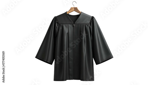 Studio shot of a black judge's robe with wide sleeves hanging on a wooden hanger