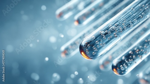 Bubbles rising in clear liquid inside test tubes in a modern laboratory setting during daylight