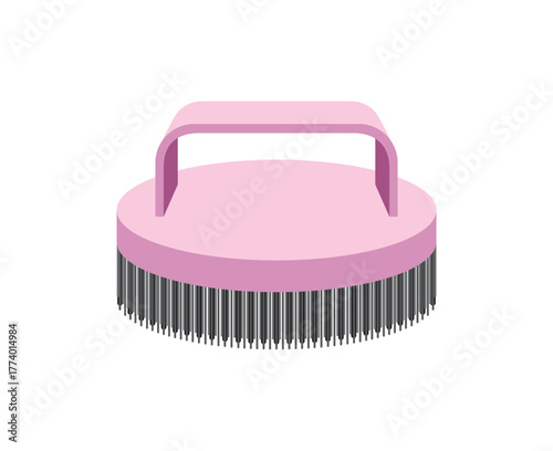Pink round brush for clothes and shoes isolated on a white background. Broom for sweeping. Brush with handle