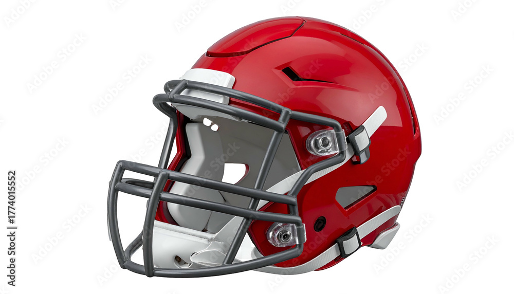 Fototapeta premium Shiny red and white American football helmet, with grey facemask, on a black background