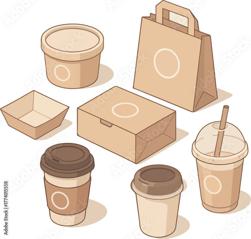 Isometric flat F&B packaging mockup set in pastel tones with modern minimalist branding accents.