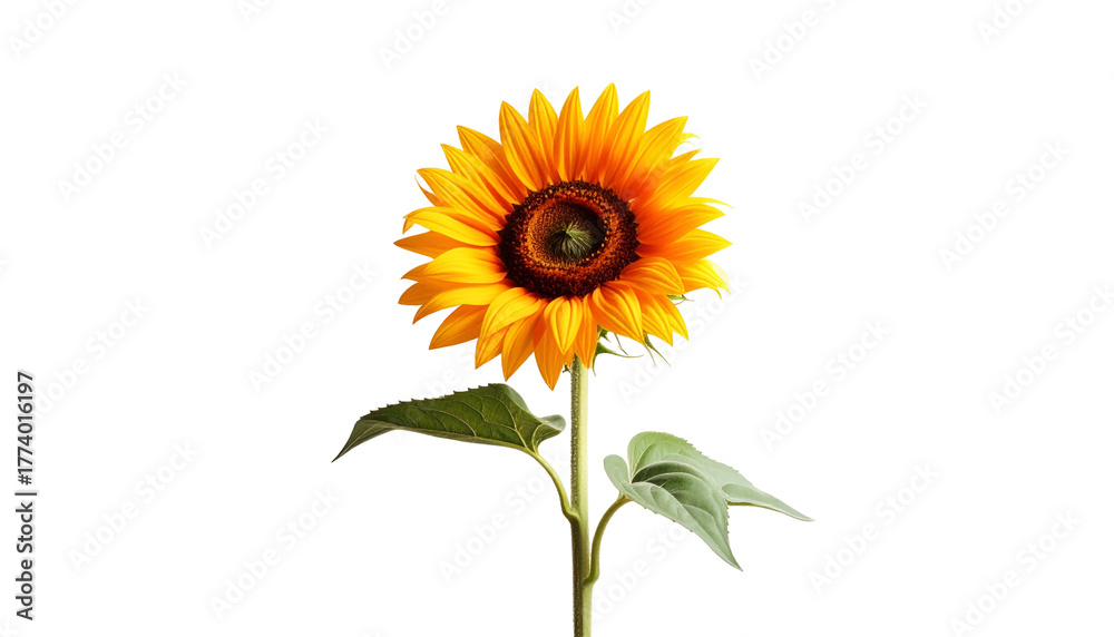 Fototapeta premium A vibrant sunflower blooms against a stark black background, showcasing its petals and stem