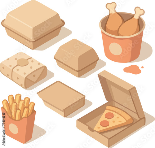 Isometric flat F&B packaging mockup set in pastel minimalist style with modern branding details.