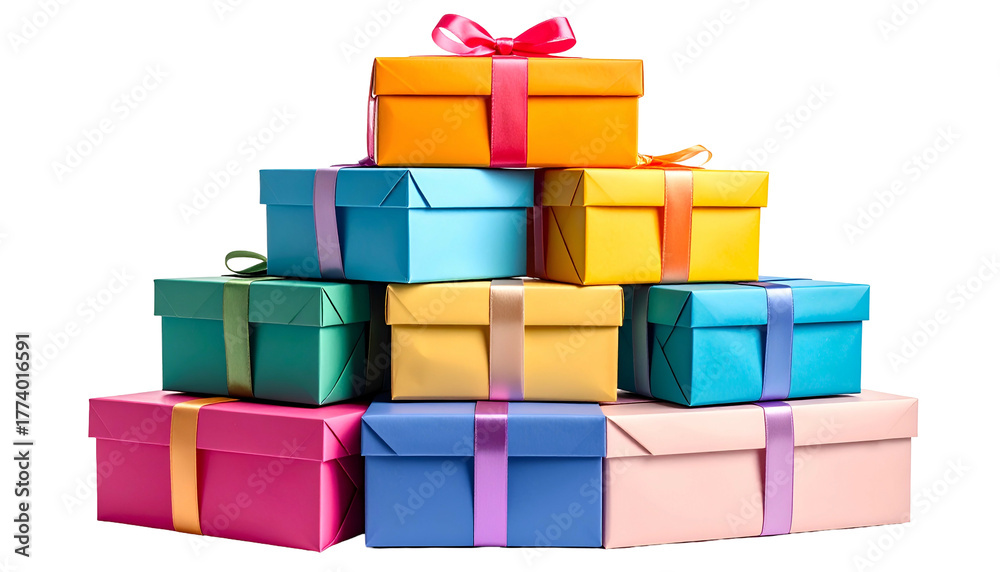 Obraz premium Colorful stacked gift boxes with ribbons, isolated on black background