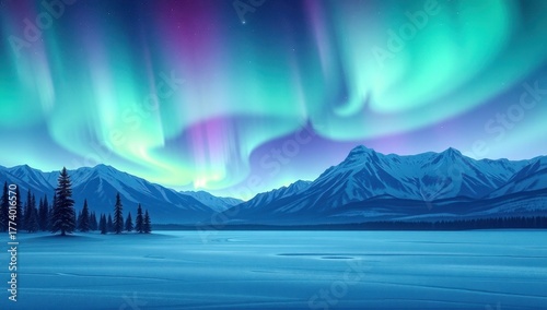 Stunning aurora borealis illuminating snow-covered mountains and winter landscape, colorful night sky with green and purple lights, magical winter scenery.