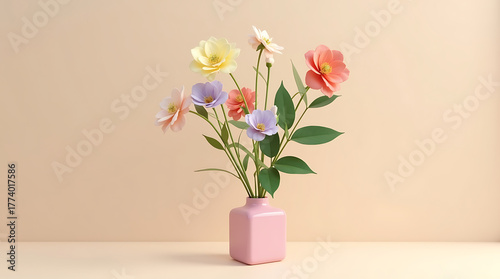 Colorful flowers in a pink vase on a beige background in studio shot