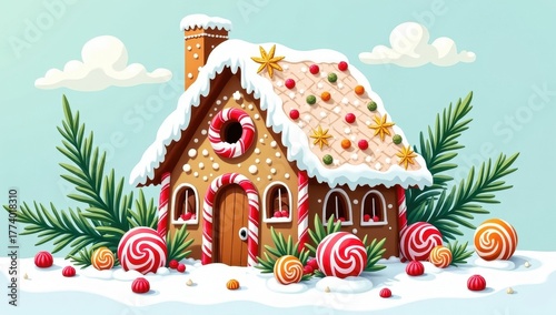 Illustration of a gingerbread house with candy details, icing snow, surrounded by pine branches, perfect for holiday baking or festive themes.